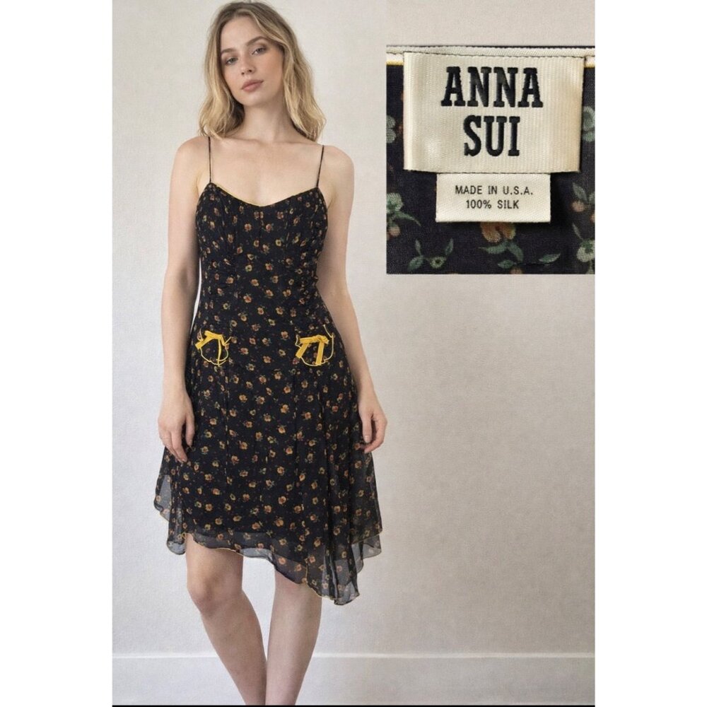 Anna Sui Women's VTG Black Floral 100% Silk Size‎ 10 Y2k Bows Slip Dress